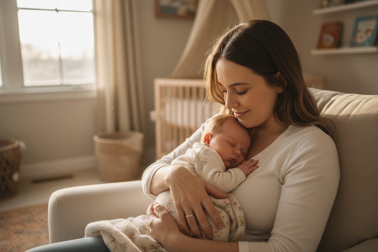 une maman de 25 ans entrain de faire dormir son bébé